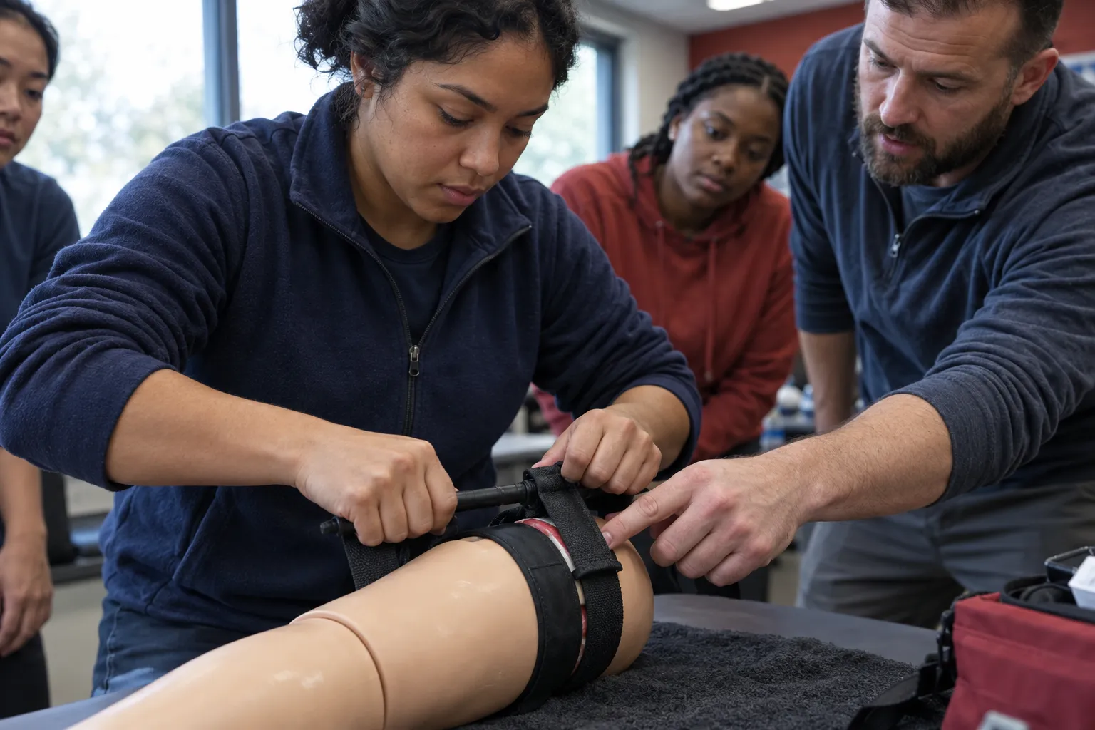 Student applying a tourniquet to a training manikin with instructor guidance