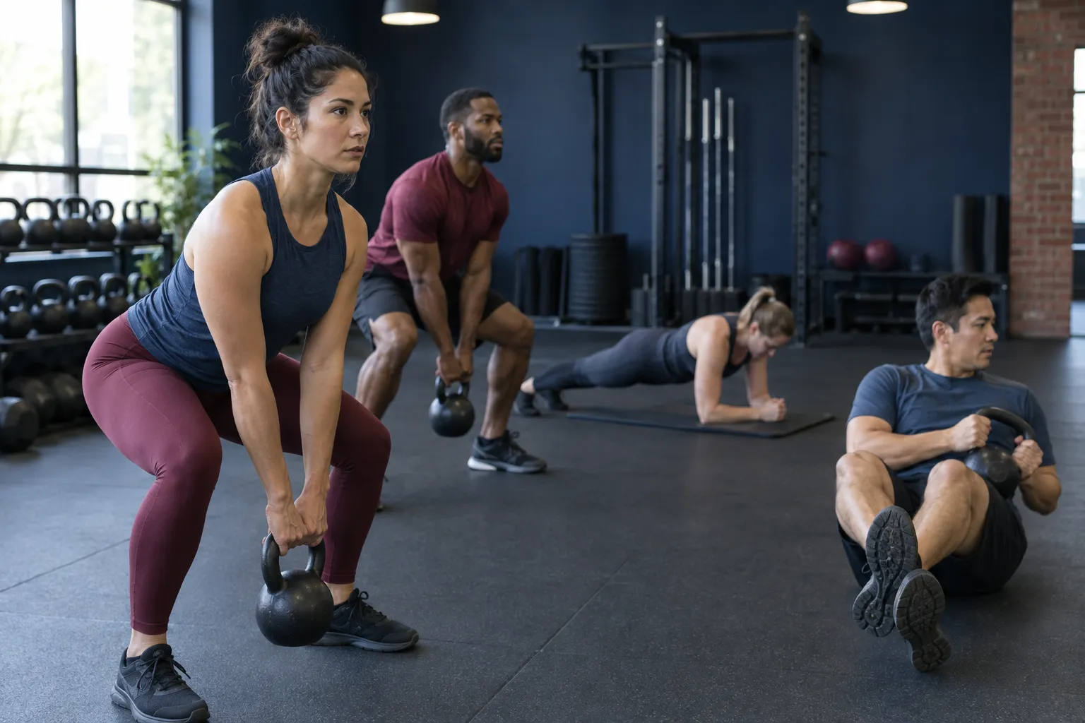 Small group conditioning class with kettlebells